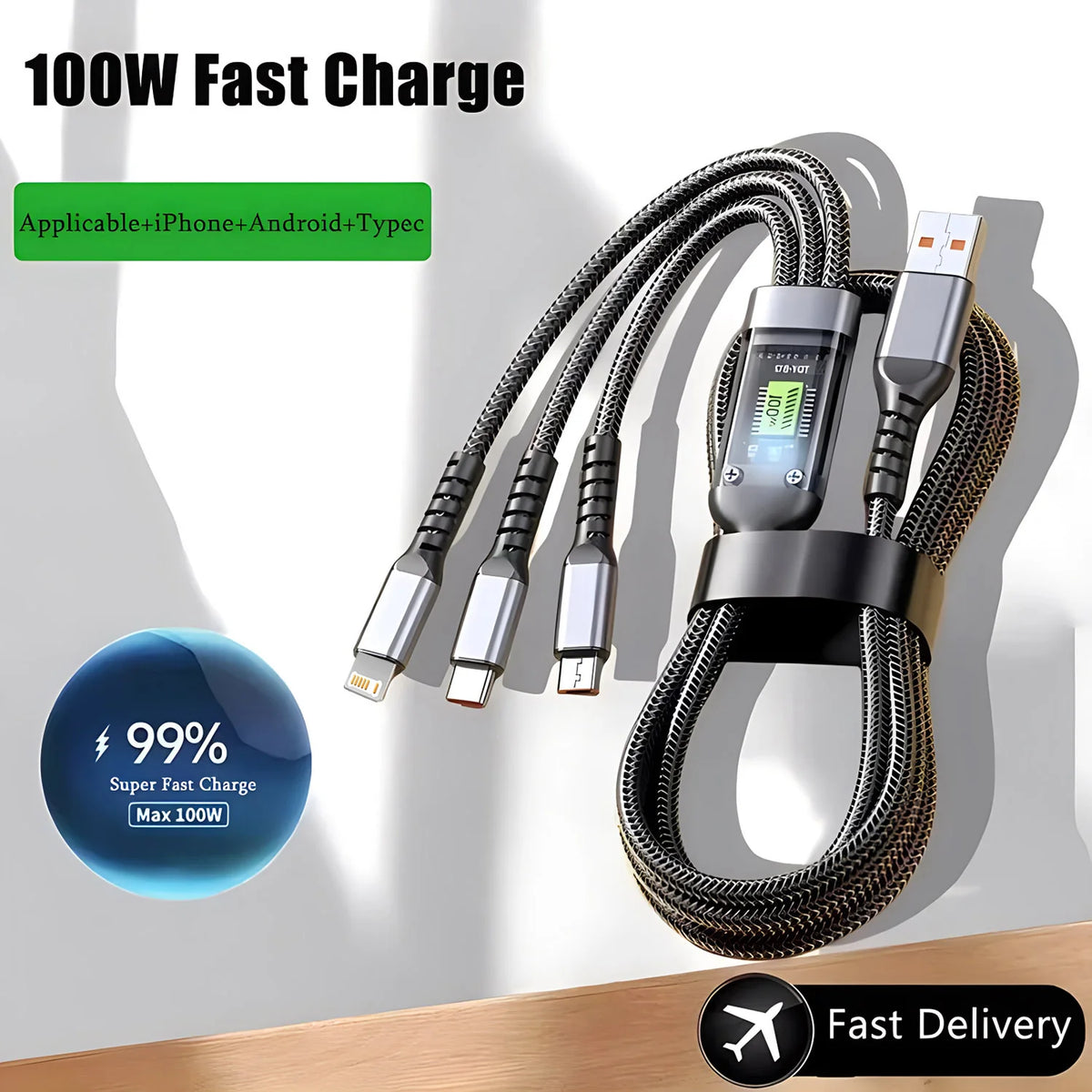 Cable Cargador 3 en 1 Carga Rápida 100W – Tipo C, Lightning y Micro USB, Trenzado 1,2 m