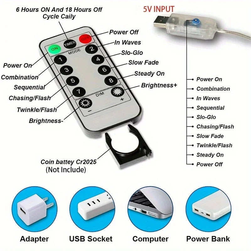 Cortina LED USB – 3 Colores, 8 Modos, Control Remoto, 3M-6M Para Navidad, Bodas y Decoración