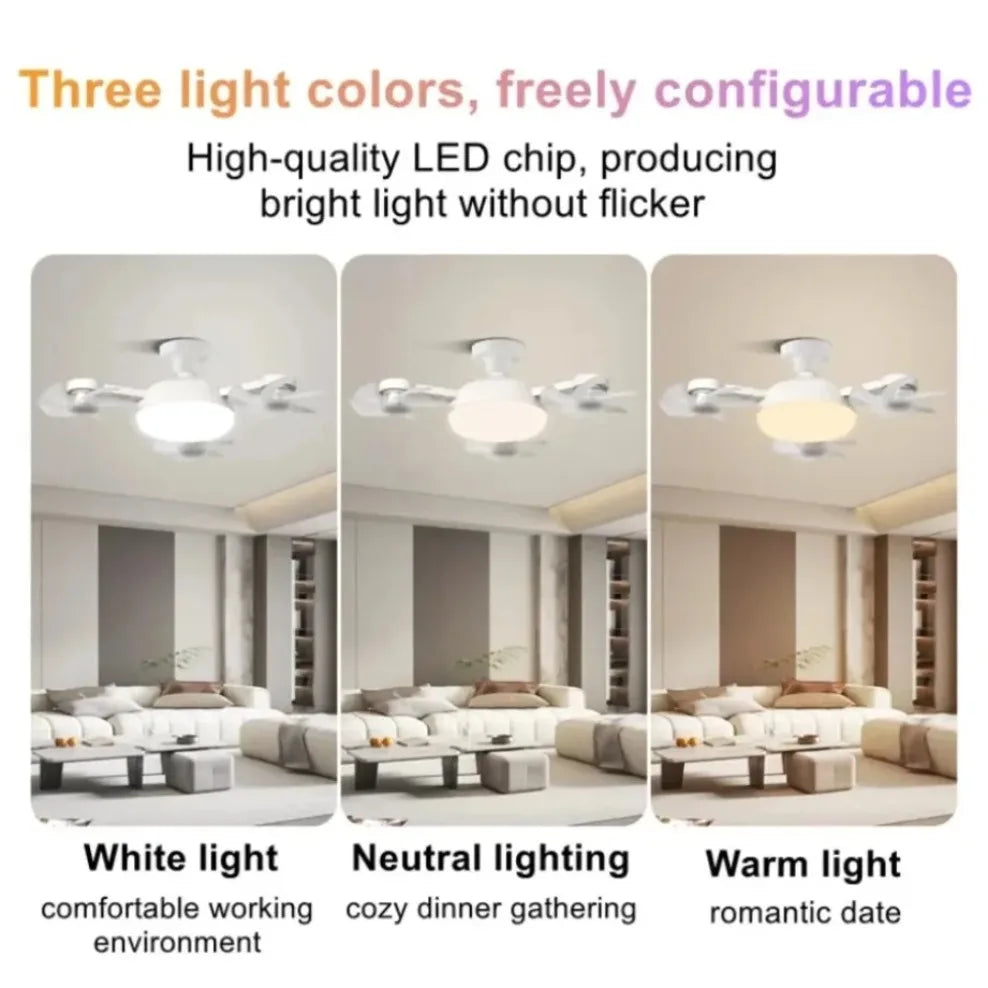 Bombilla Ventilador LED E27 3 en 1 — Control Remoto, Luz Tricolor Regulable, 3 o 4 Aspas