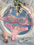 Conjunto de Sujetador y Panty de Encaje Transparente con Bordado Floral
