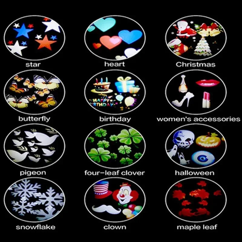 Proyector LED 12 Patrones Navideños – IP65 Waterproof, Copos de Nieve y Figuras Festivas