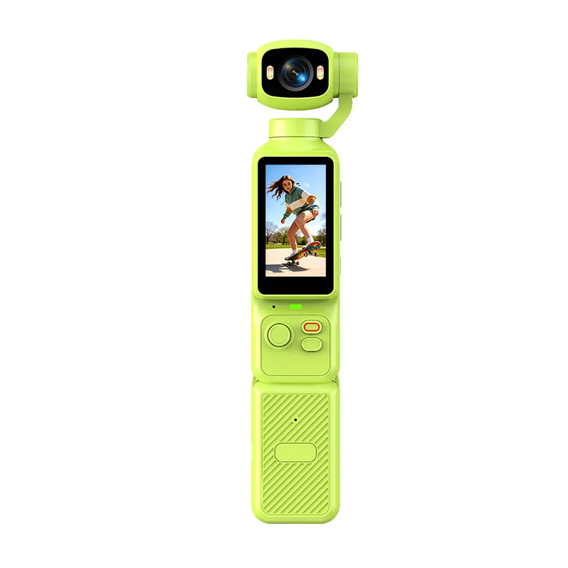 Cámara de Acción 4K con Gimbal Portatil | Lente Giratorio 180°, Antivibracón, Luz de Relleno y Micrófono para Vlogs y Deportes