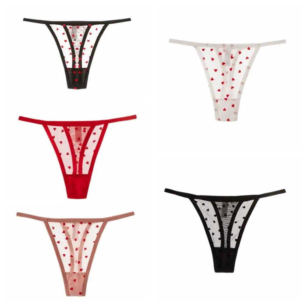 Tanga de malla con corazones y encaje para mujer