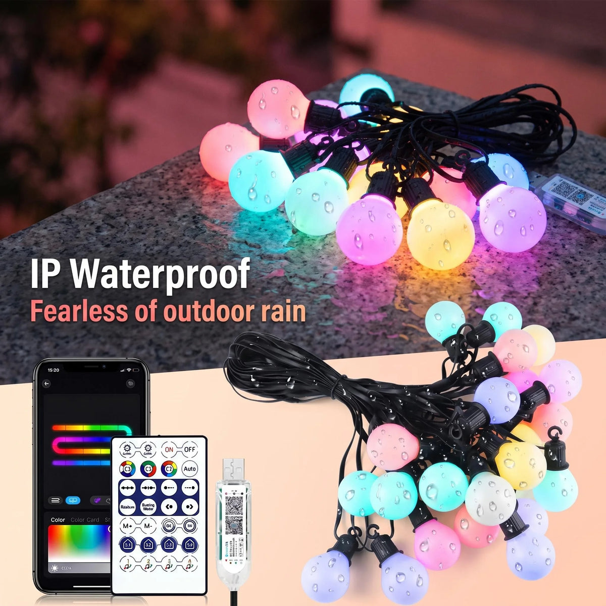 Luces LED Inteligentes G40 WiFi + Bluetooth – 15M-30M, Alexa/Google Home, IP65, 16M Colores