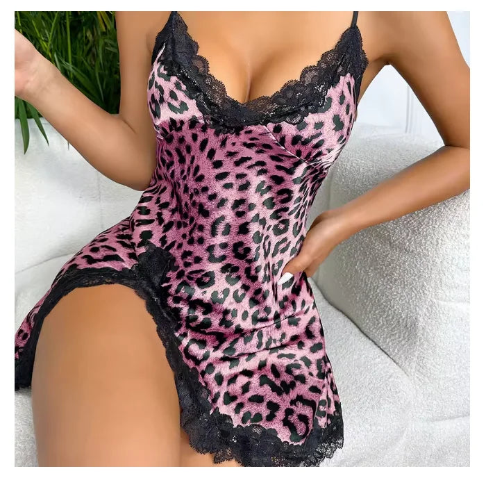 Camisón de Satén Estampado Leopardo con Encaje