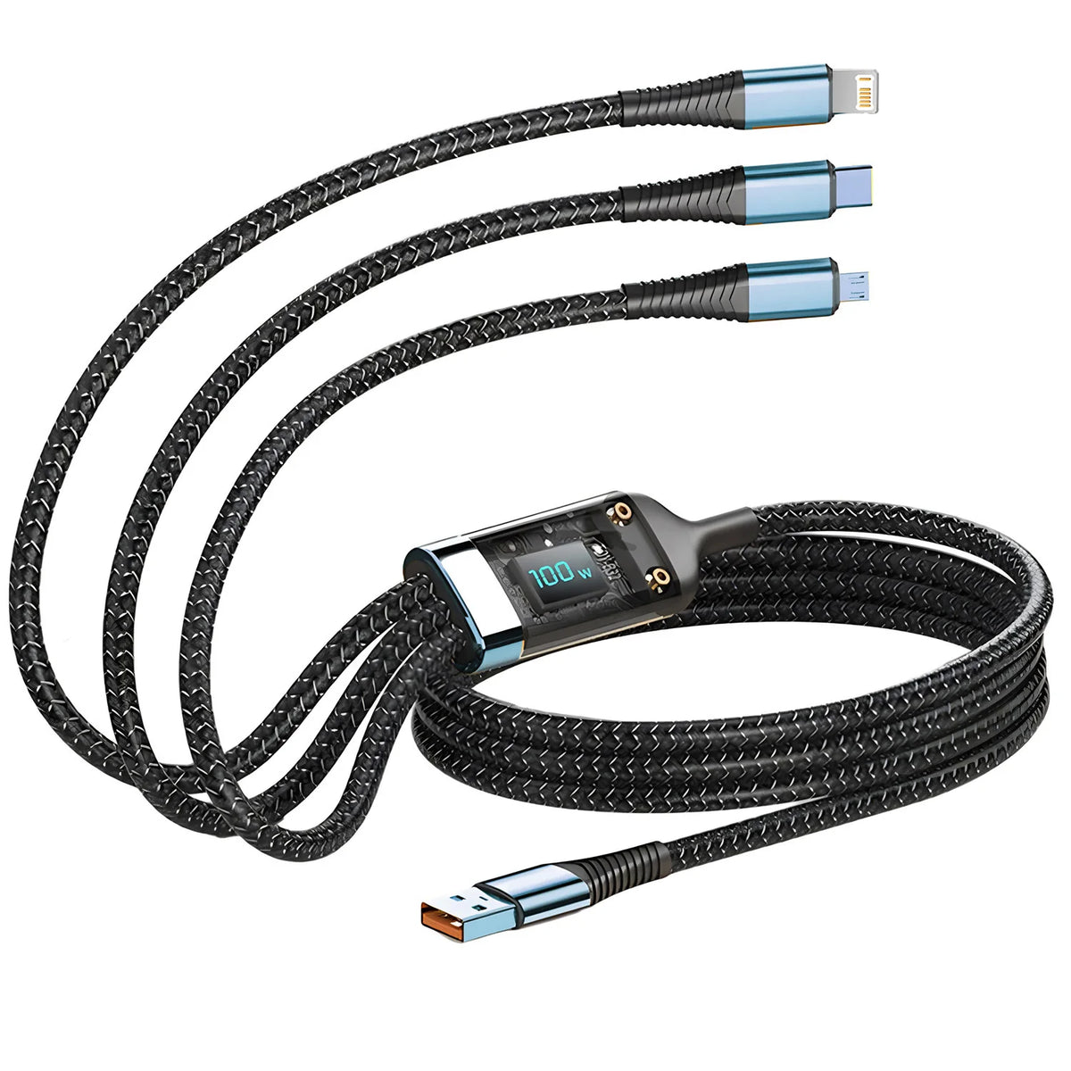 Cable Cargador 3 en 1 Carga Rápida 100W – Tipo C, Lightning y Micro USB, Trenzado 1,2 m
