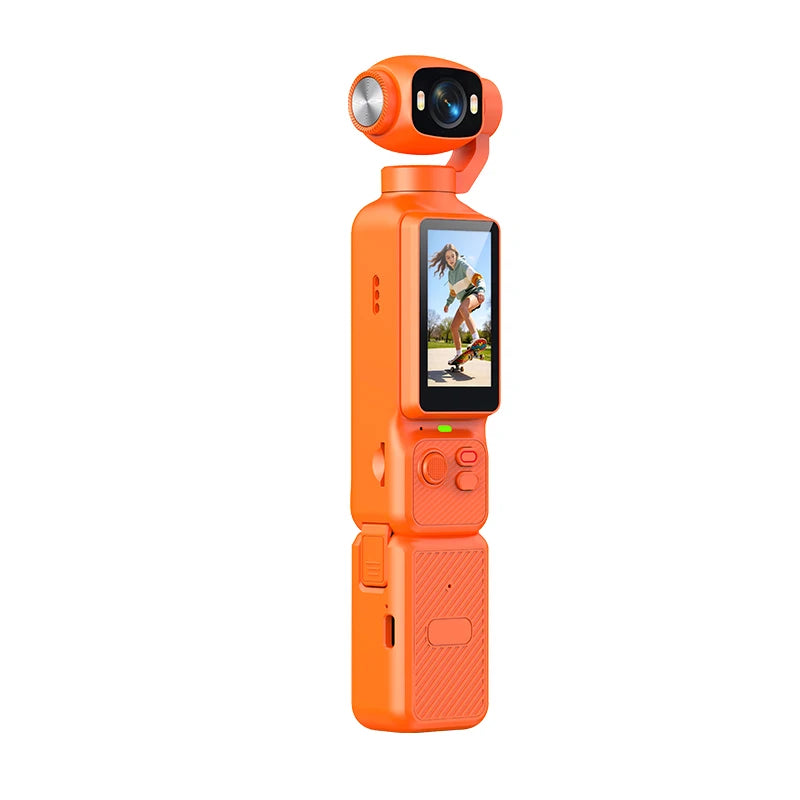 Cámara de Acción 4K con Gimbal Portatil | Lente Giratorio 180°, Antivibracón, Luz de Relleno y Micrófono para Vlogs y Deportes