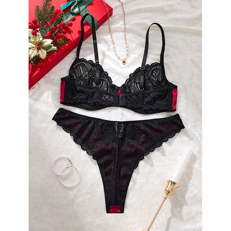 Conjunto de Lencería de Encaje Rojo y Negro de 3 Piezas