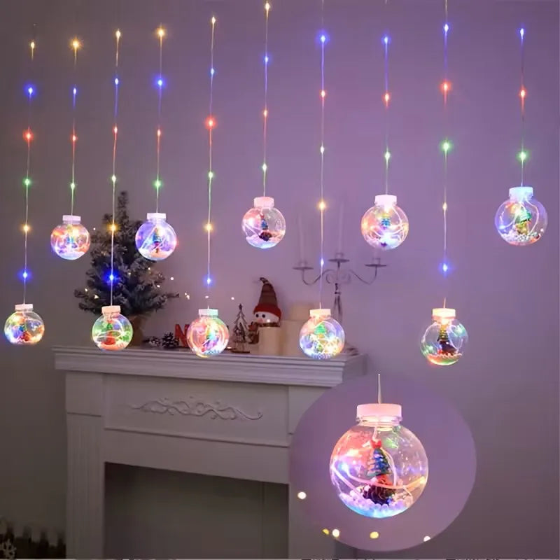 Cortina LED Navideña USB – Patrones Santa, Muñeco de Nieve y Árbol, 8 Modos, 100 LEDs