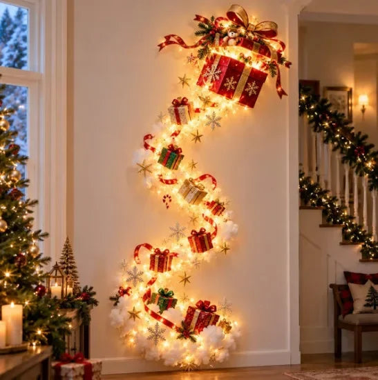 Decoración navideña de pared con luces LED y figuras festivas