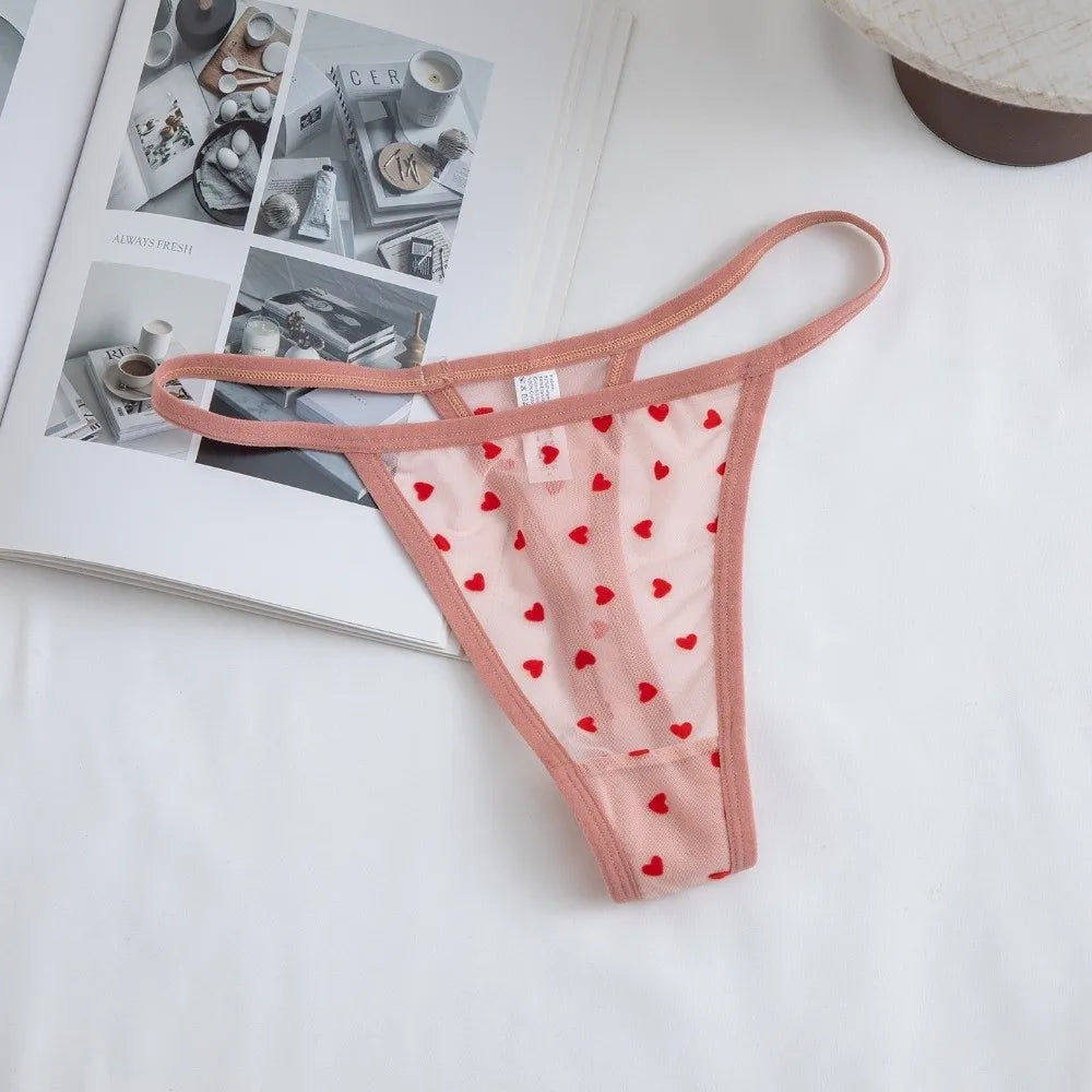 Tanga de malla con corazones y encaje para mujer