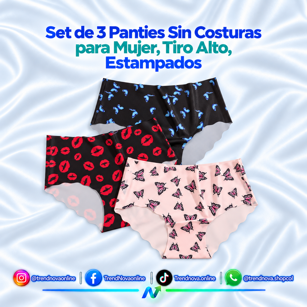 Set de 3 Panties Sin Costuras para Mujer, Tiro Alto, Estampados