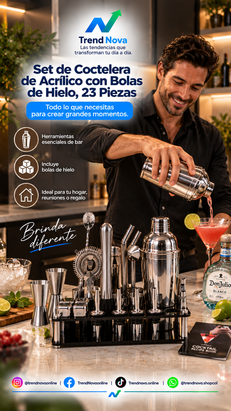 Set de Coctelera de Acrílico con Bolas de Hielo, 23 Piezas para Bar