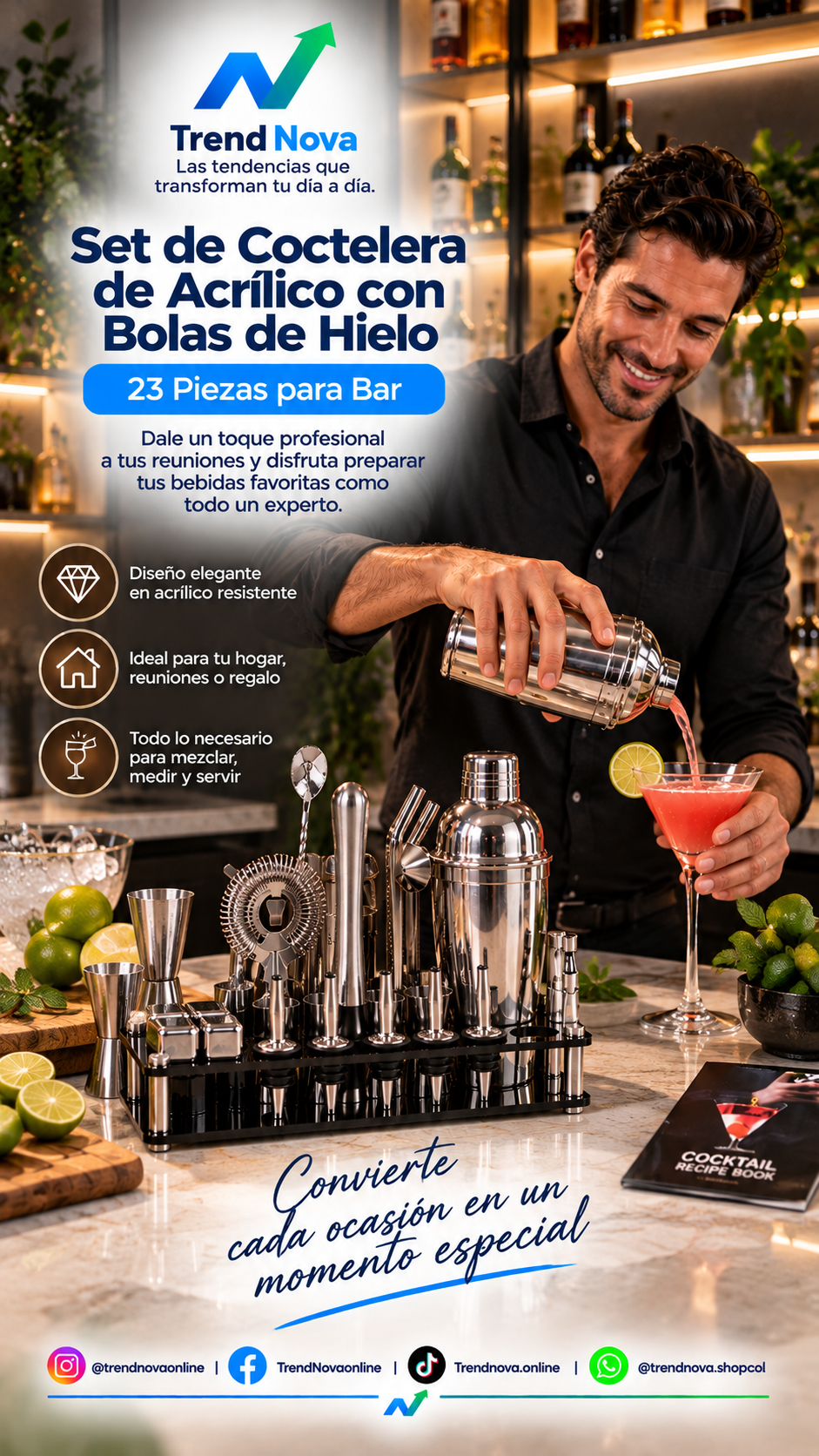 Set de Coctelera de Acrílico con Bolas de Hielo, 23 Piezas para Bar