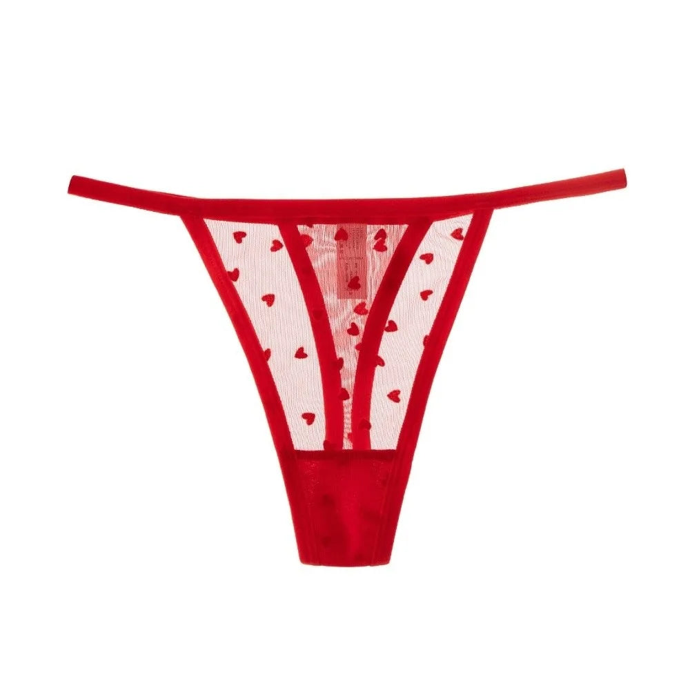 Tanga de malla con corazones y encaje para mujer