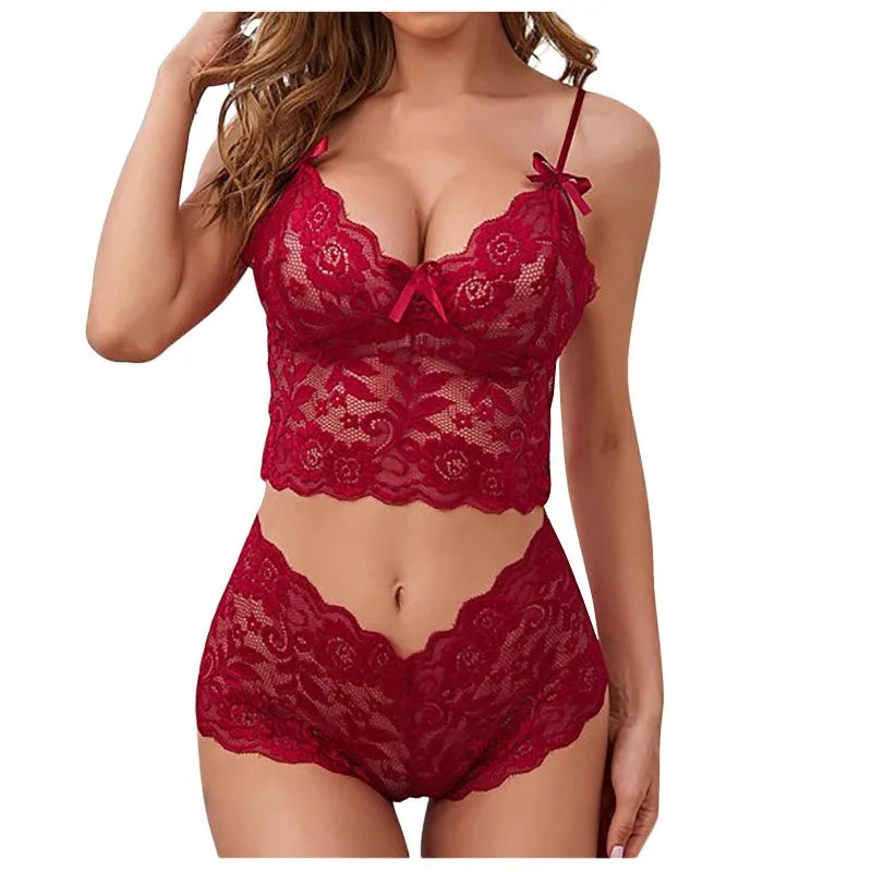 Pijama de encaje para mujer de 2 piezas con escote en V