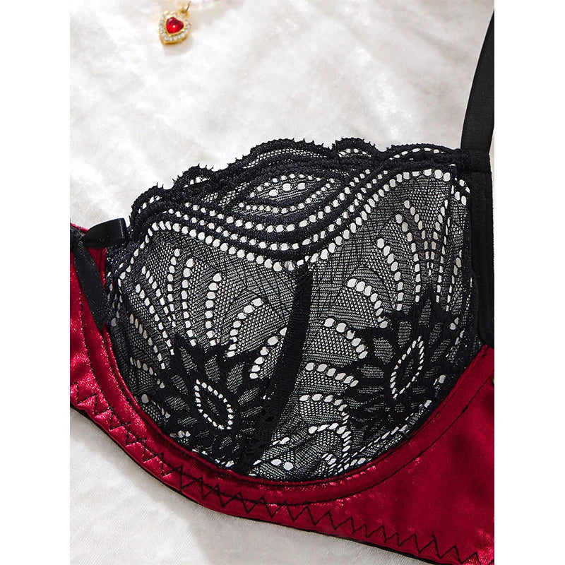 Conjunto de Lencería de Encaje Rojo y Negro de 3 Piezas