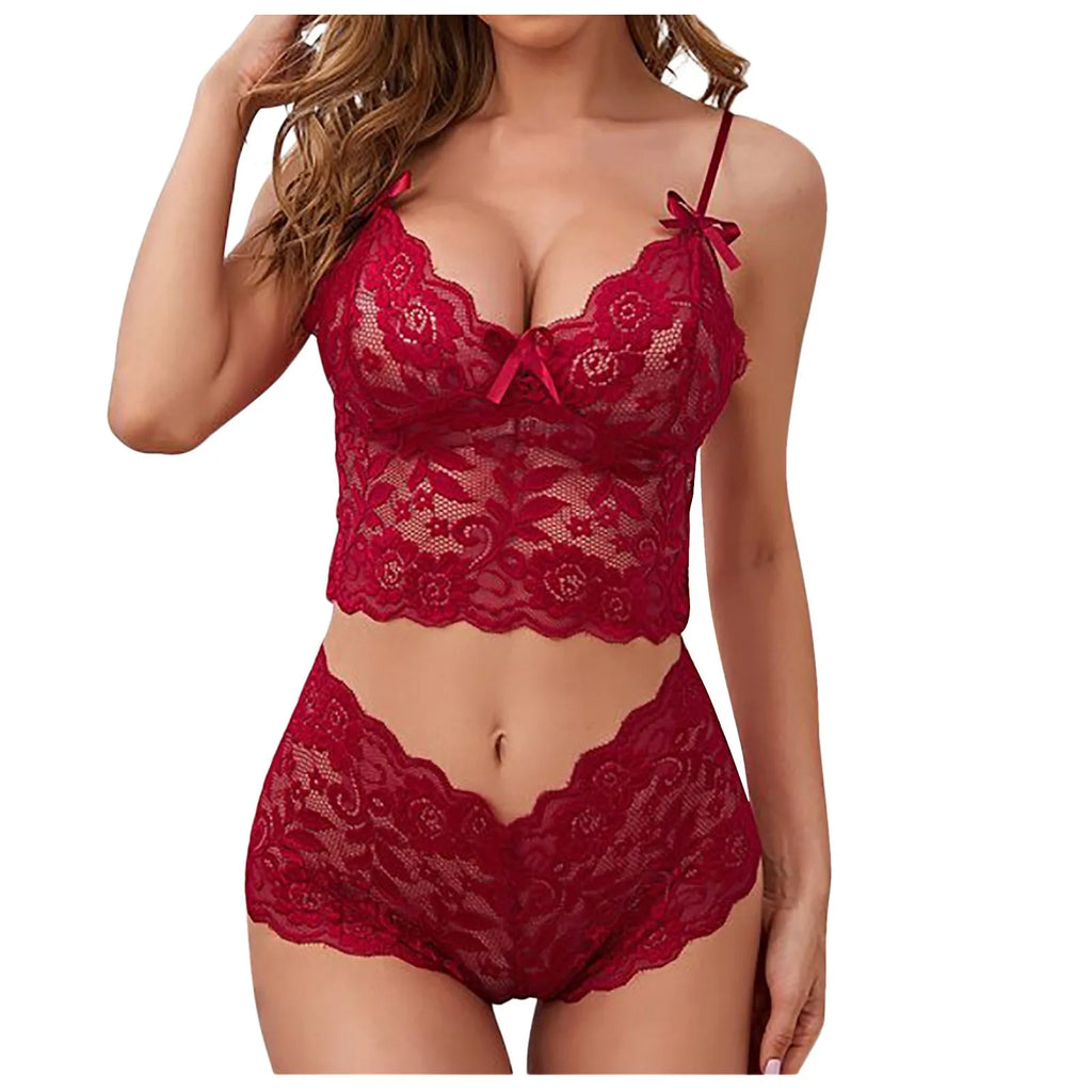 Pijama de encaje para mujer de 2 piezas con escote en V