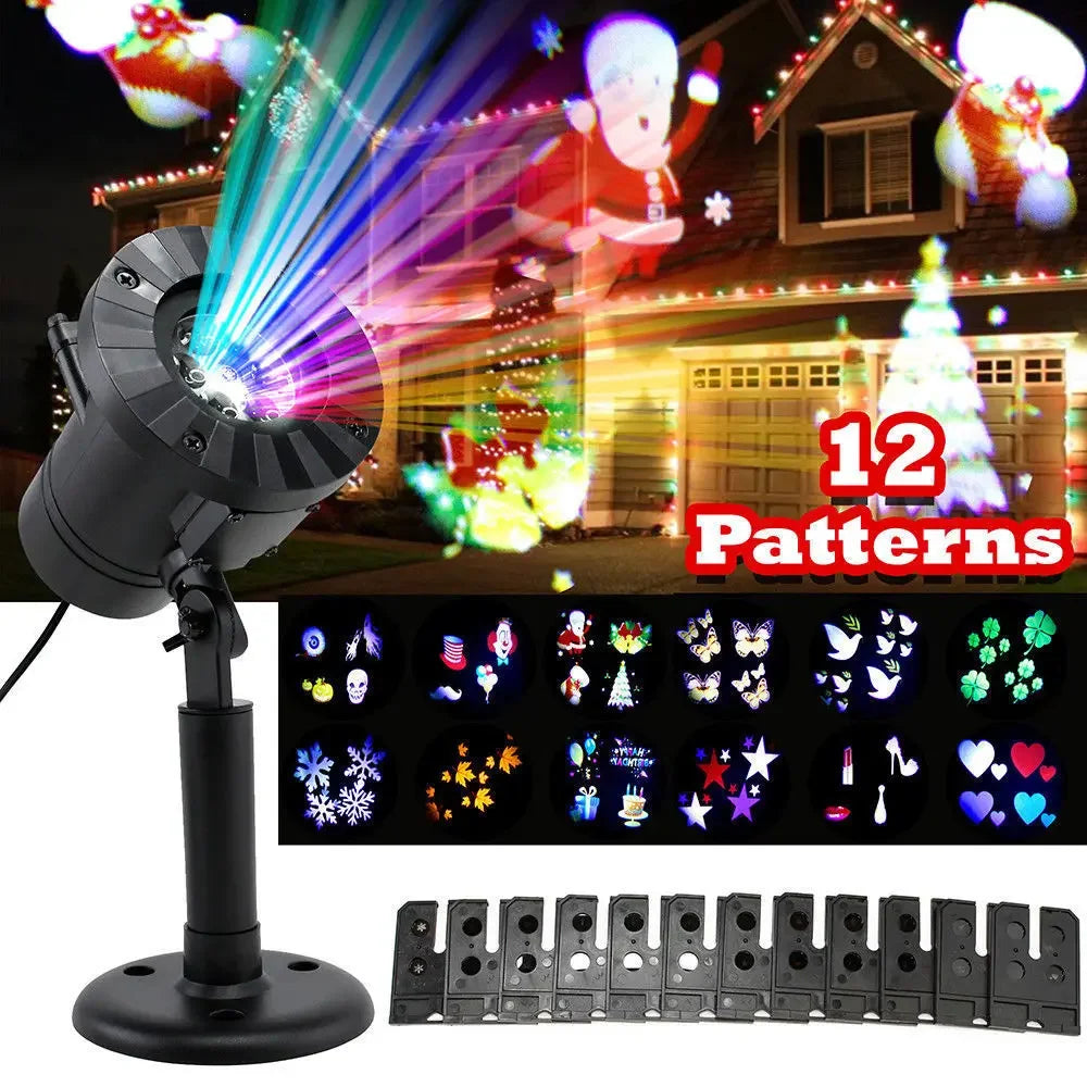 Proyector LED 12 Patrones Navideños – IP65 Waterproof, Copos de Nieve y Figuras Festivas