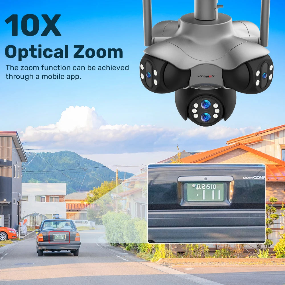 Cámara de Seguridad Panorámica LS VISION 30MP – 6 Lentes, 5 PTZ, Zoom Óptico 10X, Rastreo Automático