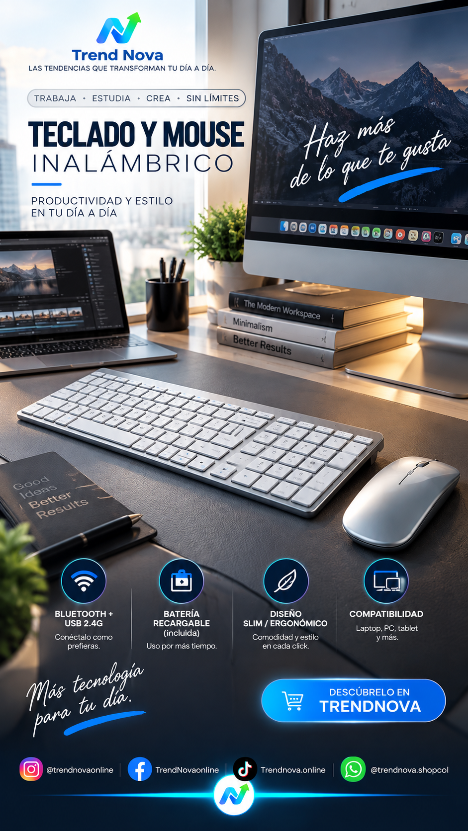 Teclado y Mouse Inalámbrico JOMAA Slim | Bluetooth + USB 2.4G Recargable para Laptop y PC