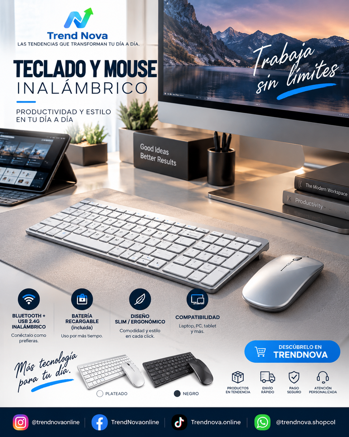 Teclado y Mouse Inalámbrico JOMAA Slim | Bluetooth + USB 2.4G Recargable para Laptop y PC
