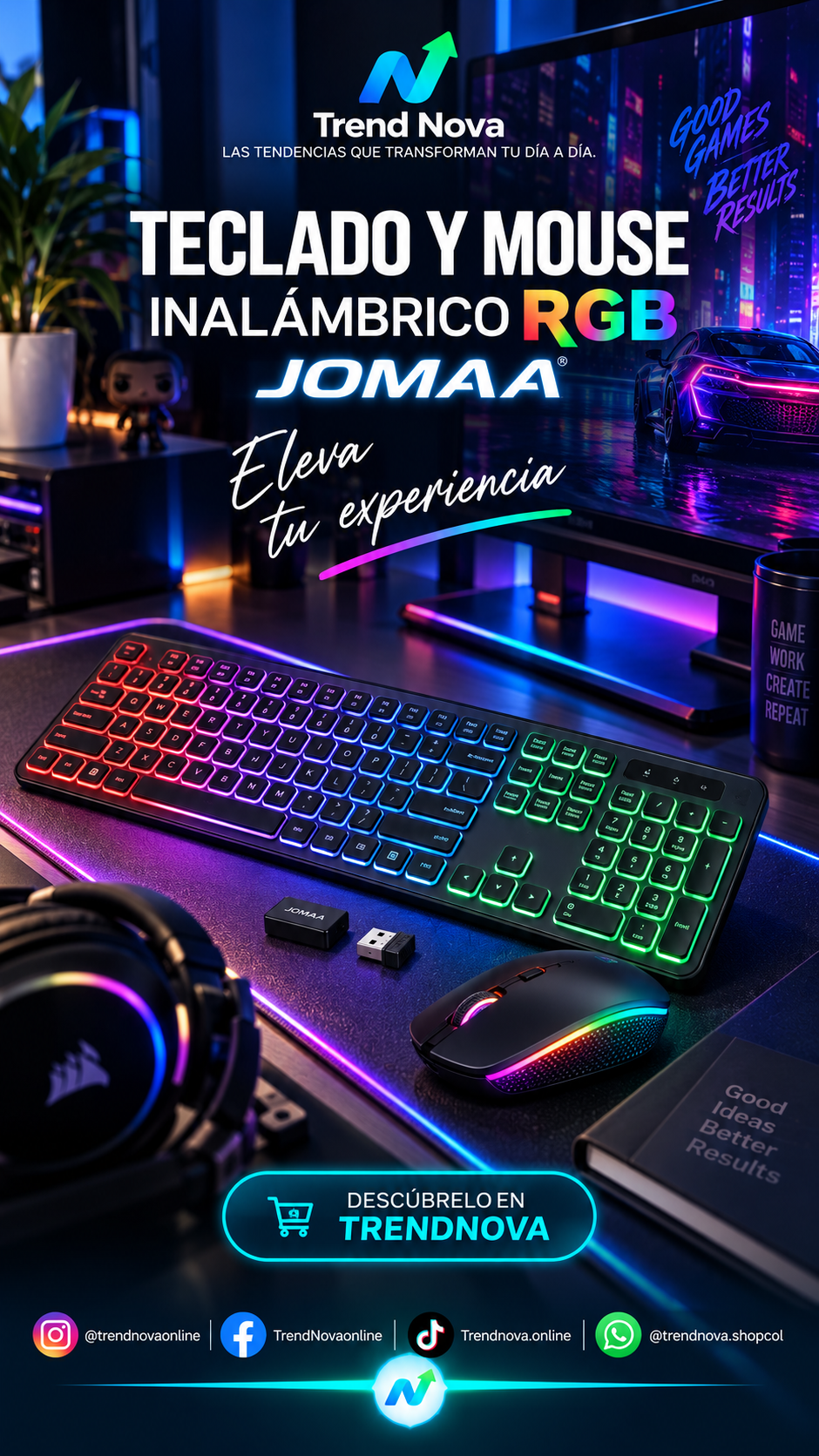 Teclado y Mouse Inalámbrico RGB JOMAA | Retroiluminado, Recargable, Ergonómico, 2.4GHz para PC y Laptop