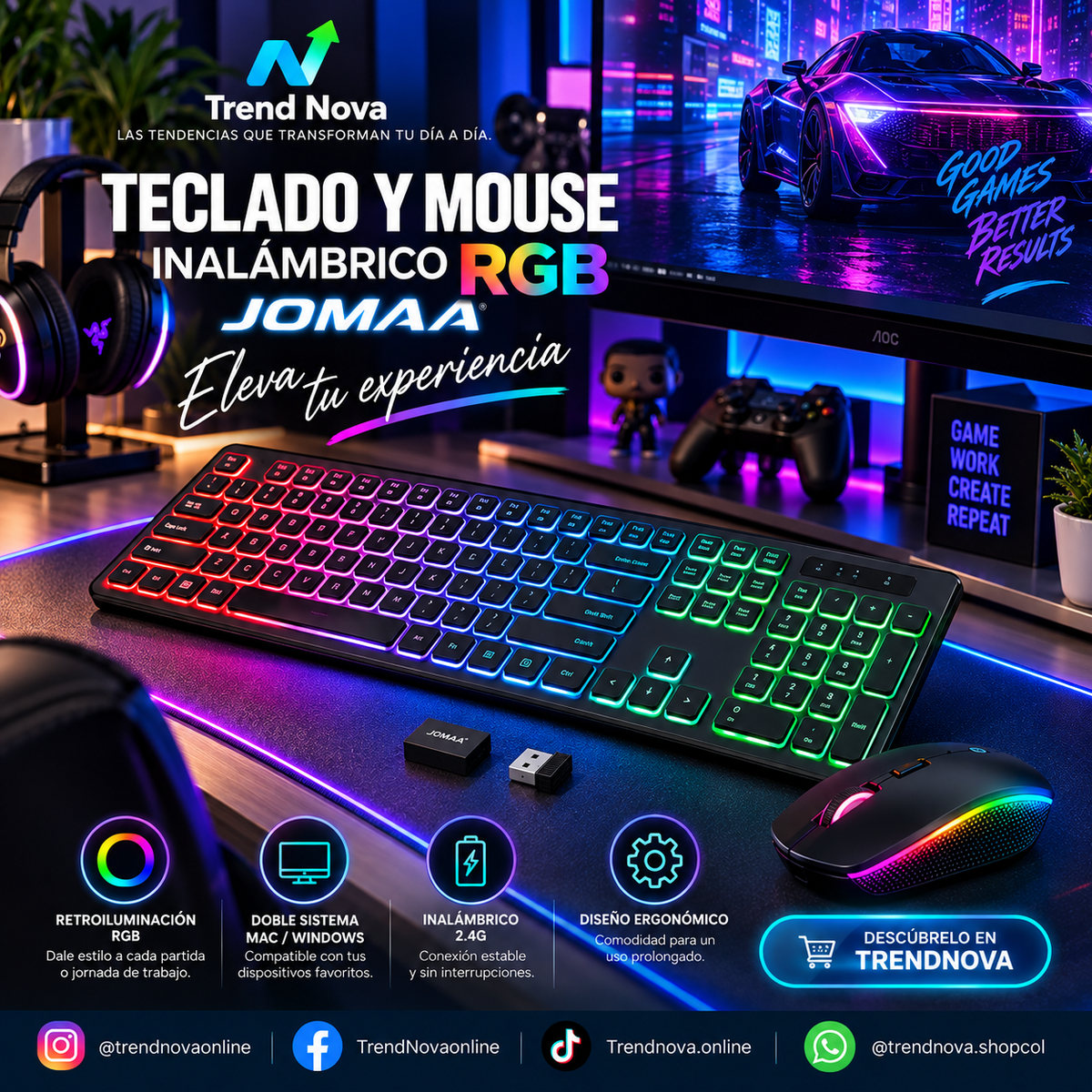 Teclado y Mouse Inalámbrico RGB JOMAA | Retroiluminado, Recargable, Ergonómico, 2.4GHz para PC y Laptop