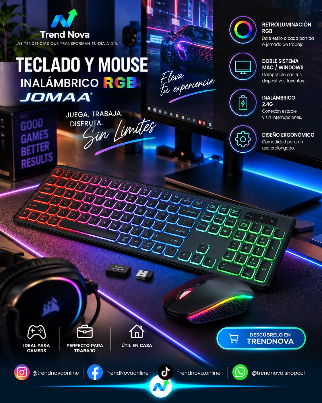 Teclado y Mouse Inalámbrico RGB JOMAA | Retroiluminado, Recargable, Ergonómico, 2.4GHz para PC y Laptop
