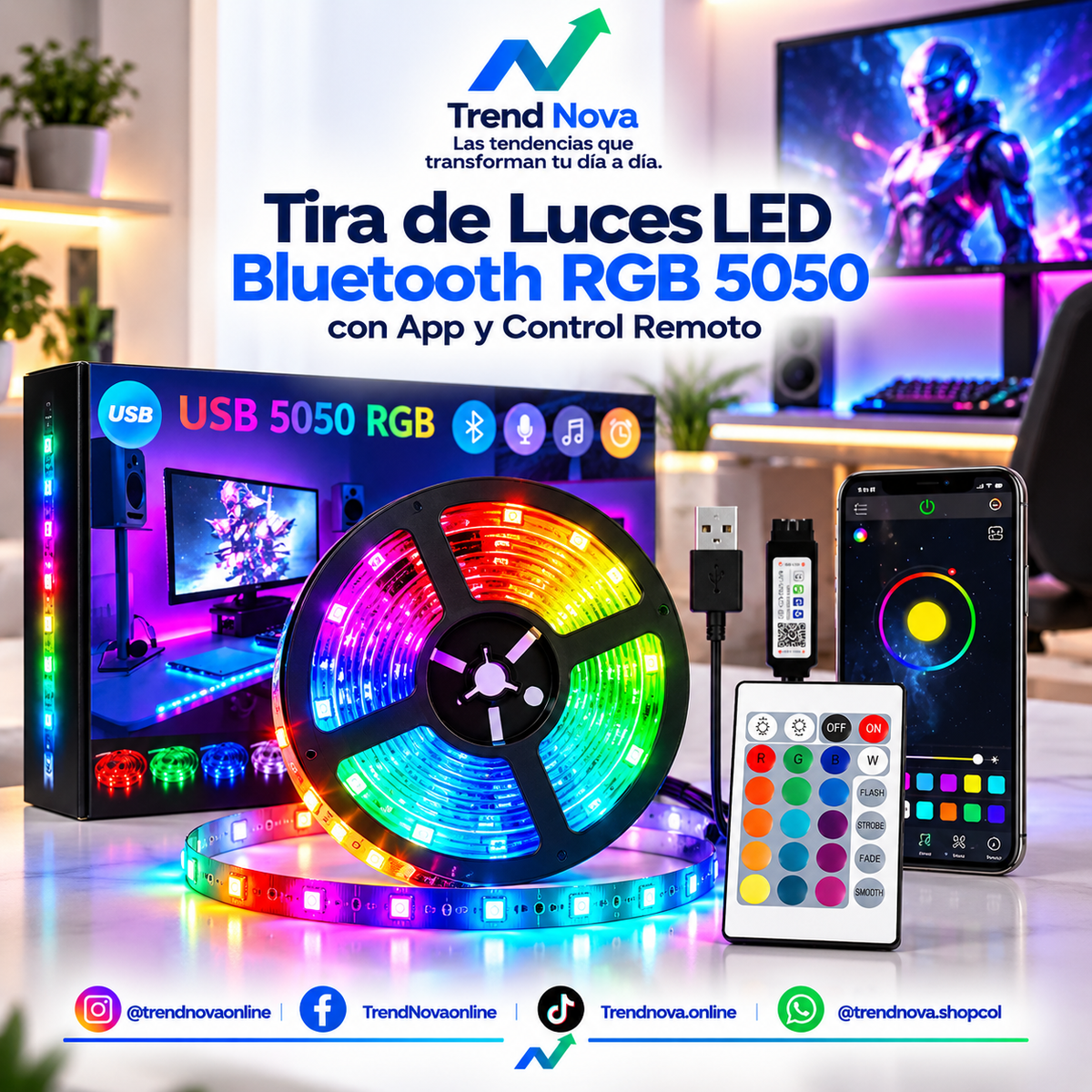 Tira de Luces LED Bluetooth RGB 5050 con App y Control Remoto – Luz para TV y Habitación Gamer