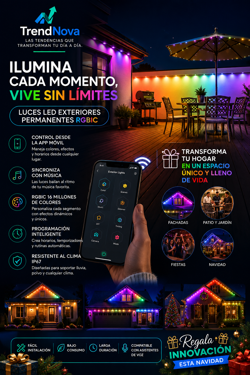 Luces LED Exteriores Permanentes RGBIC | Control App, Sincronía Musical, IP67 | Navidad