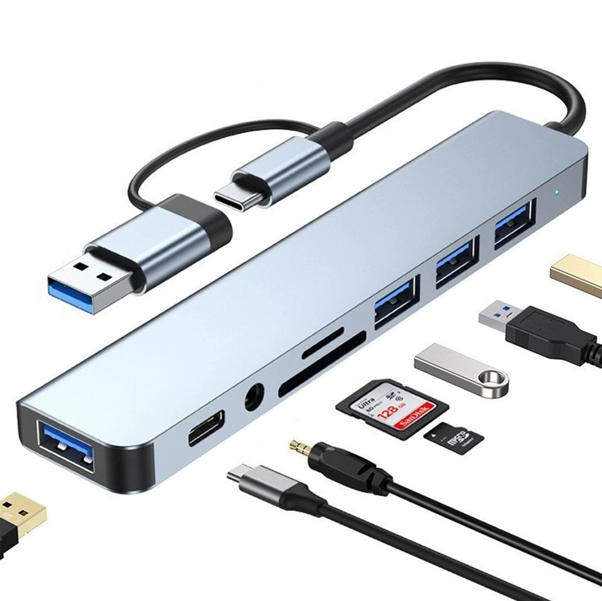 Adaptador USB-C Todo en Uno: 8 Funciones, Doble Conector