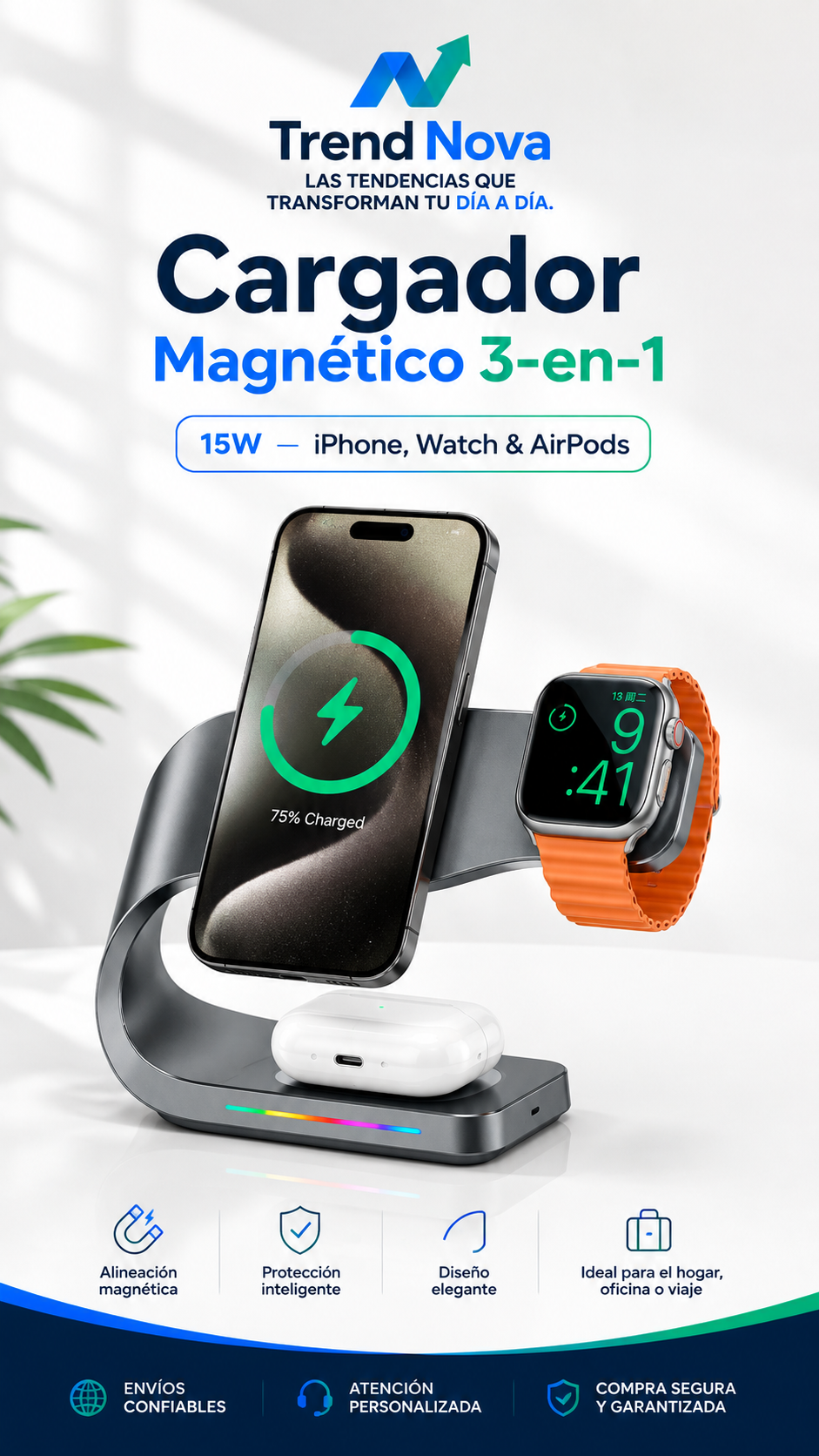 Cargador Magnético 3-en-1 15W — iPhone, Watch & AirPods