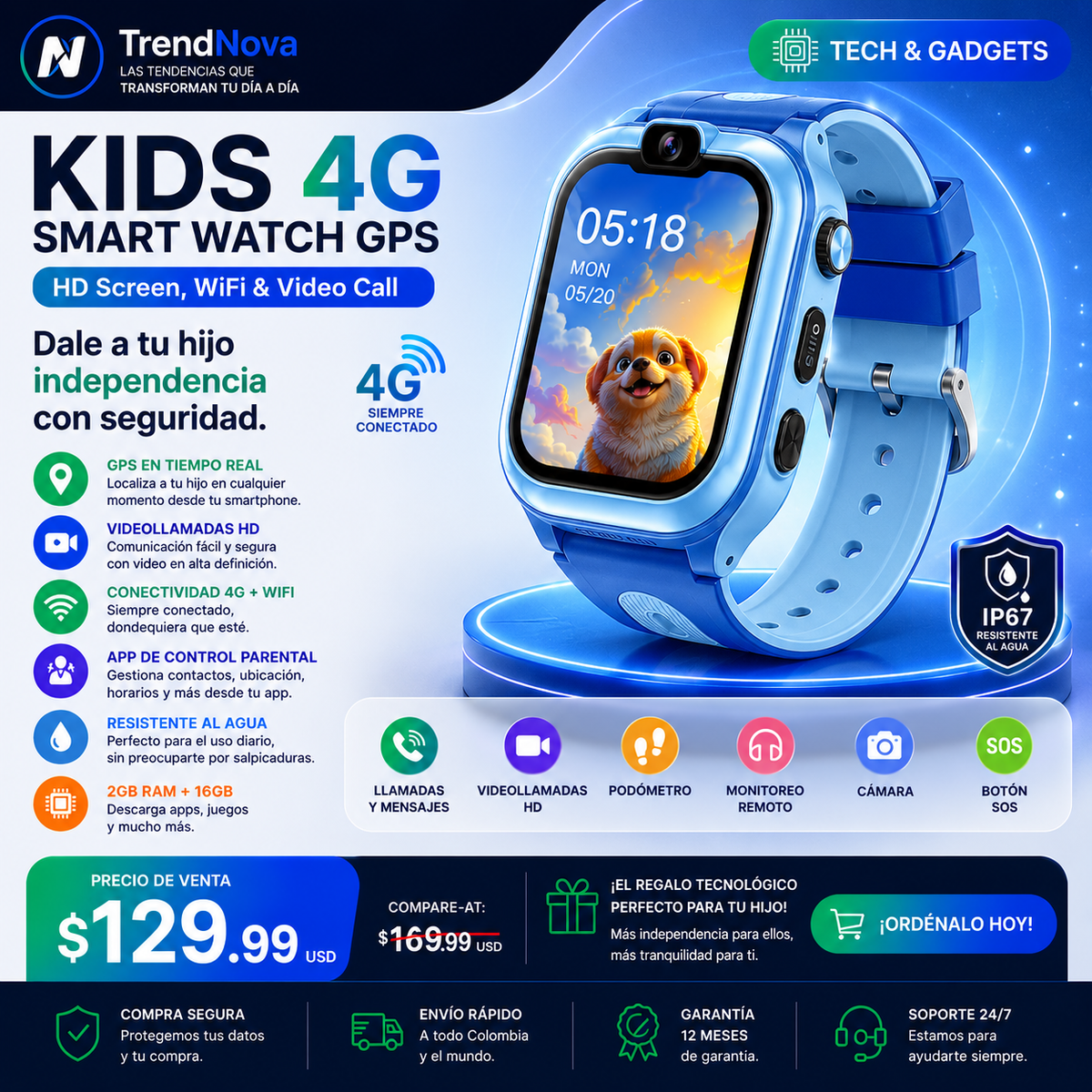 Kids 4G Smart Watch GPS WiFi Locator 2.0 Inch HD Screen 2+16GB APP Download Video Call Camera Waterproof Child Monitor Watch